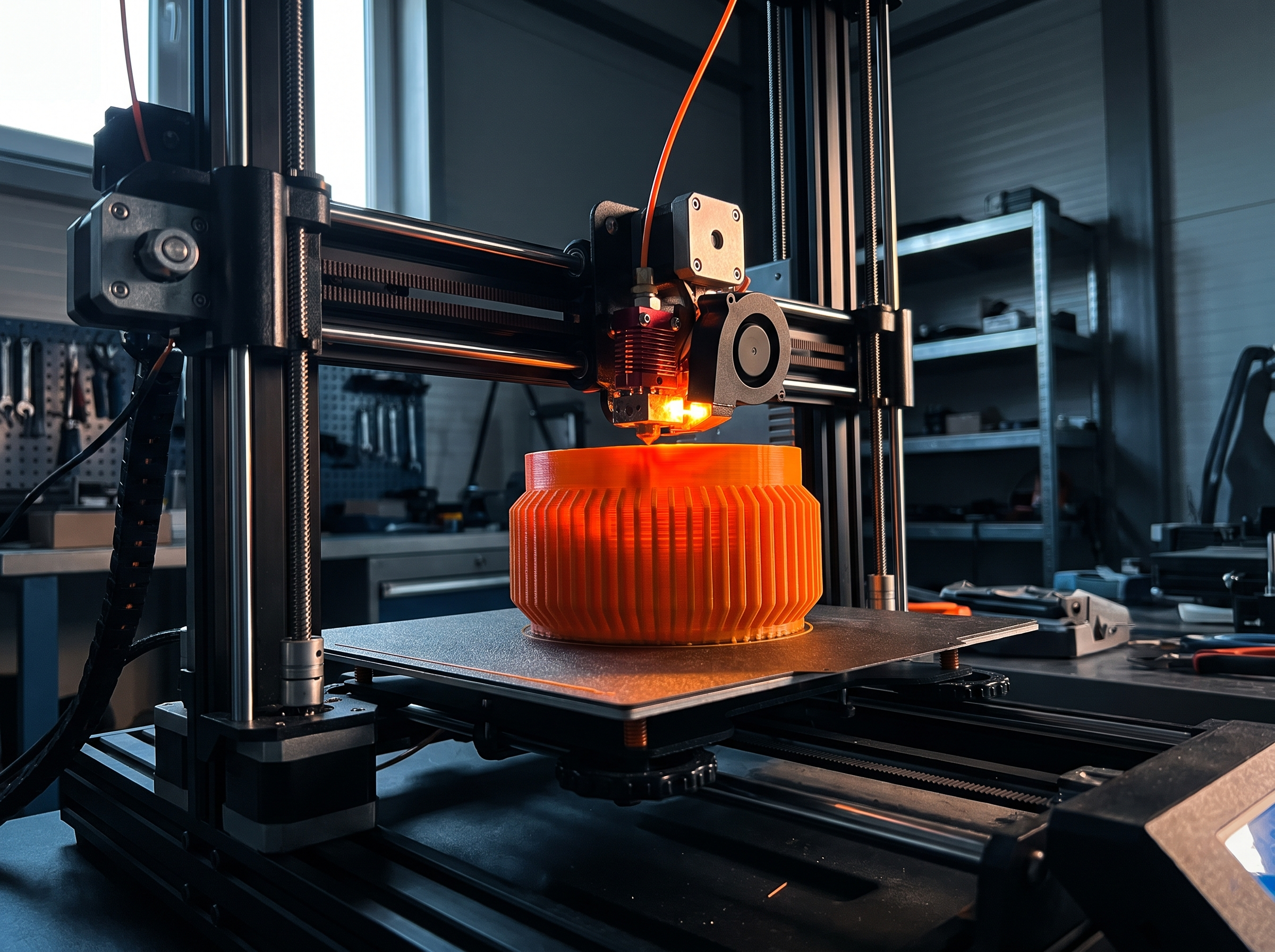 Industrial 3D printer on the Barz 3D shop floor, print head extruding safety-orange filament