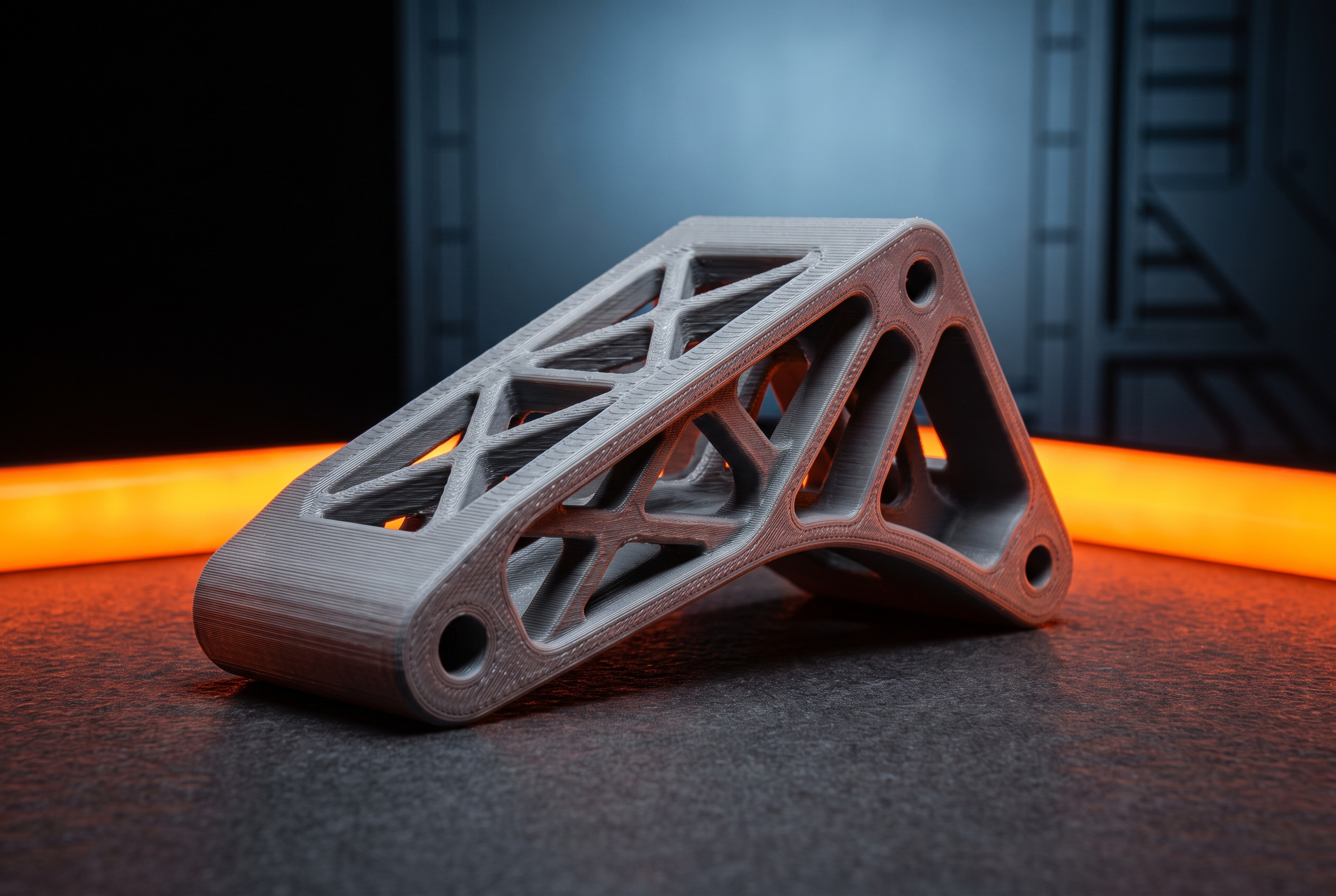 Precision 3D-printed mounting bracket on a dark surface, edges traced in safety-orange rim light